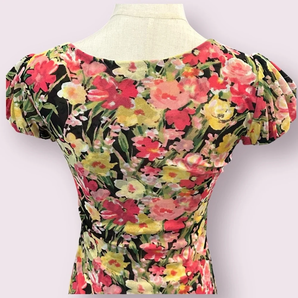 Y2K Floral Babydoll Milkmaid Mesh Top Sz XXS Floral Puff Sleeves Square Neckline
